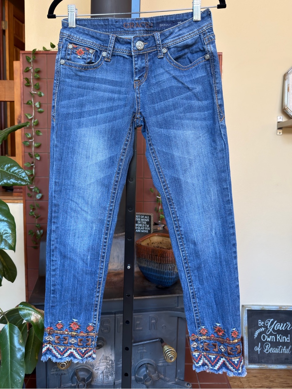 #348-Grace in LA Medium Blue Skinny Jeans with Multicolor Embroidered Hem